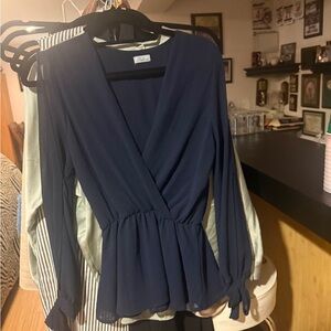 Abbeline Navy Wrap Peplum Blouse with Tie Cuffs